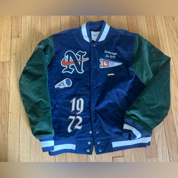 Nike Blue and Green Varsity Bomber Letterman Jacket Large